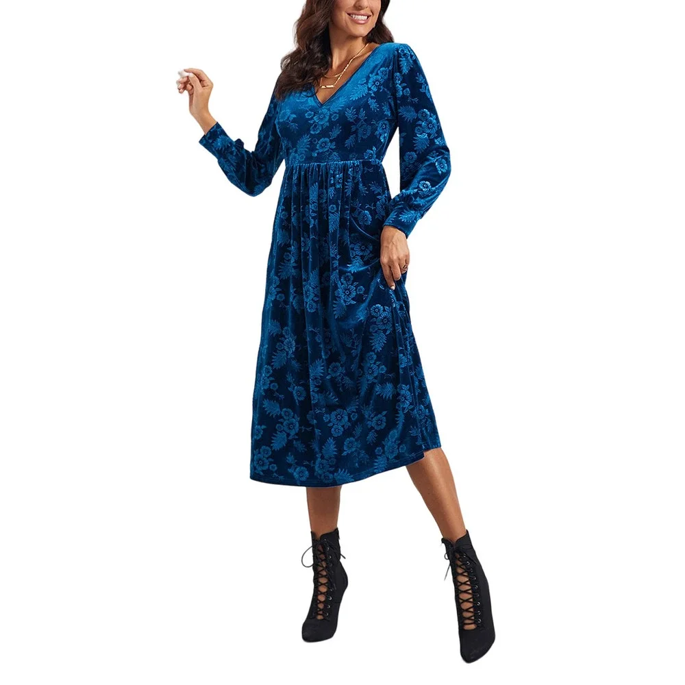 Suzanne Betro Dresses Blue Floral V Neck Midi Dress Size 2X - Picture 2 of 4